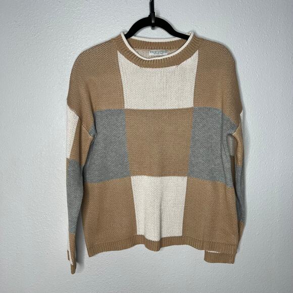 Paper Crane Plaid Knit Oversize Colorblock Sweater Brown Pullover Crew Neck Sz M - Picture 2 of 5